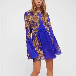 Free People Royal Blue Printed Symphony Bell Sleeve Slip Dress Size XS